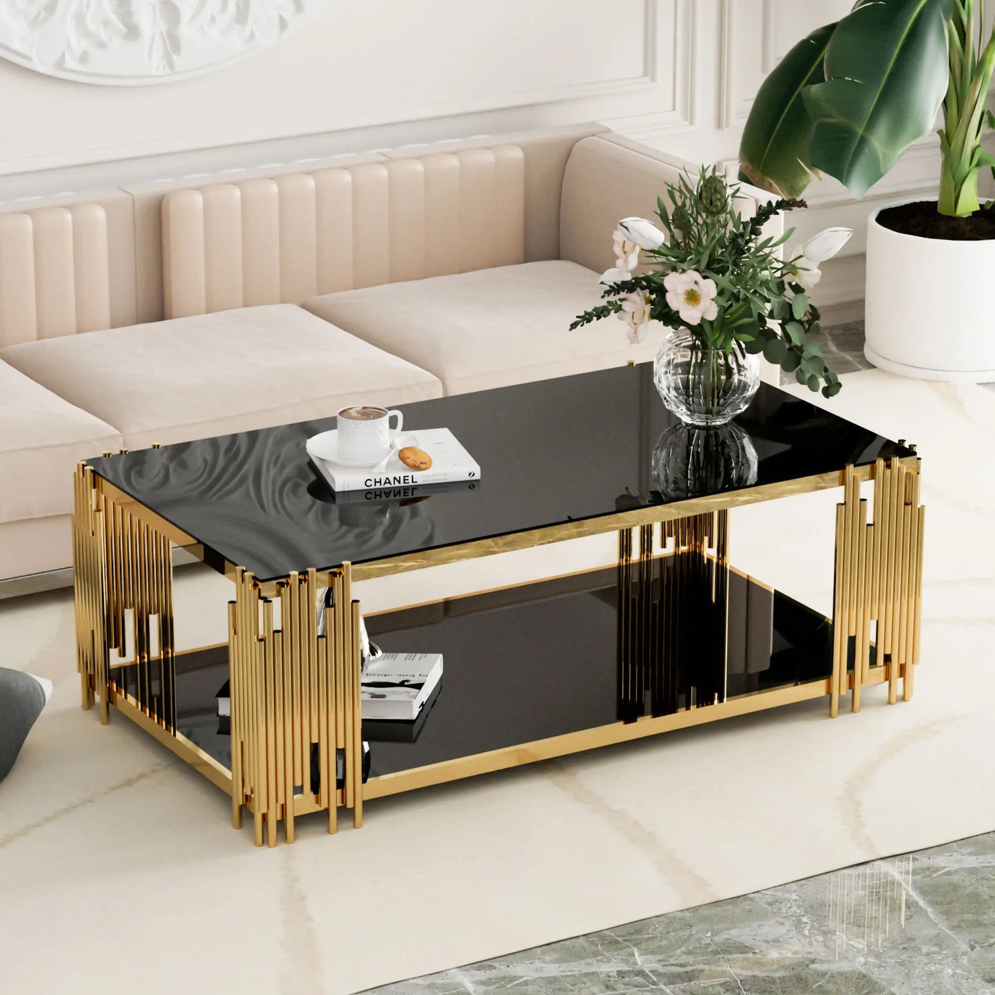 Modern Stainless Steel Rectangle Black Tempered Glass Coffee Table