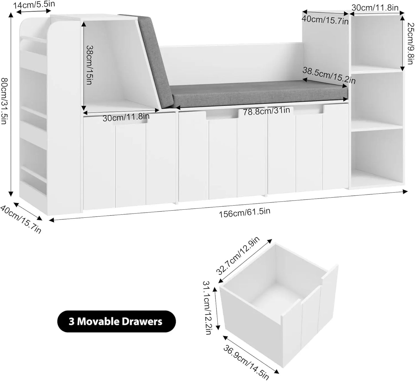 Reading Nook with Double Bench and Rolling Drawers