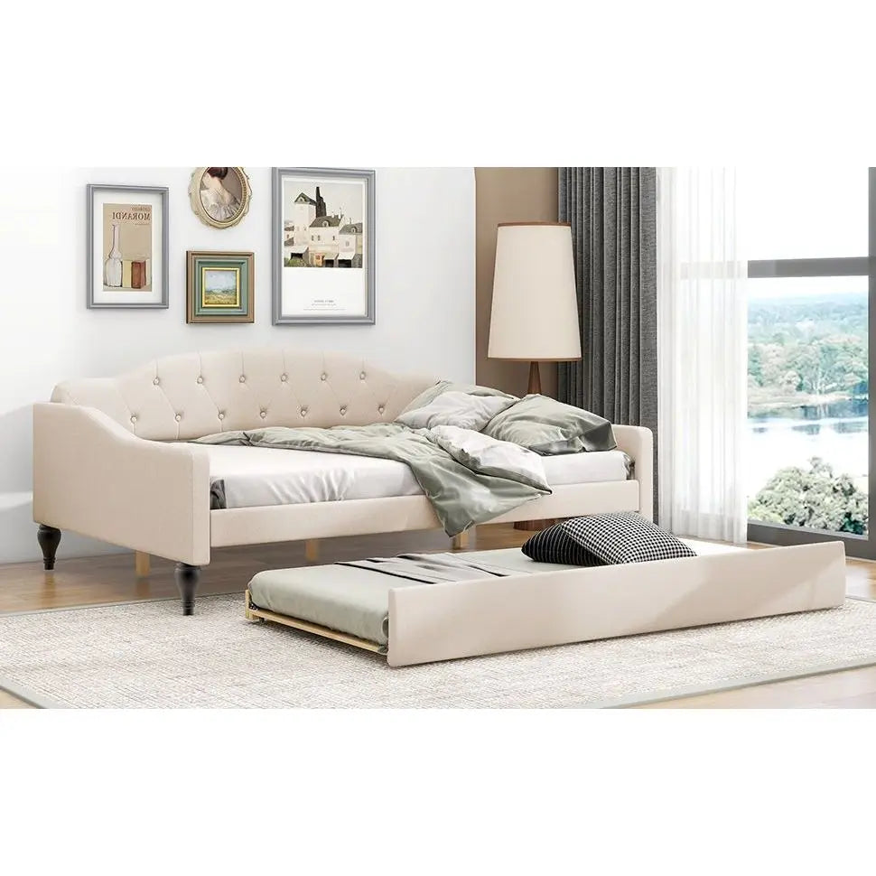 Full Size Beige Upholstered Tufted Daybed with Twin Size
