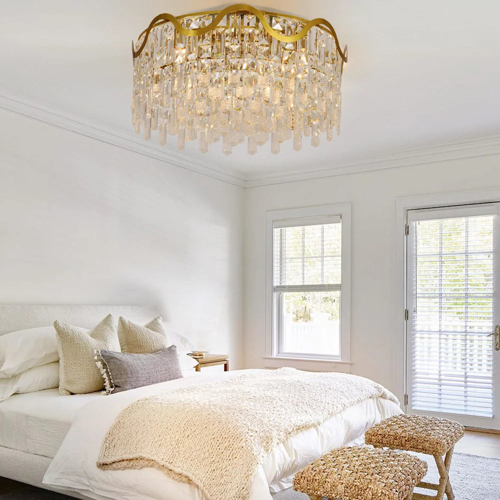 Luxury Gold Crystal Flush Mount Teardrop Crystal Chandelier