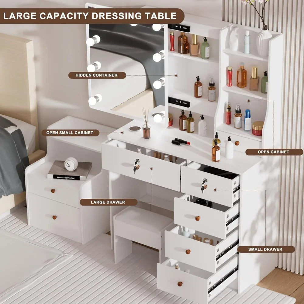 Makeup Vanity Table with LED Lights, Cabinet & Stool