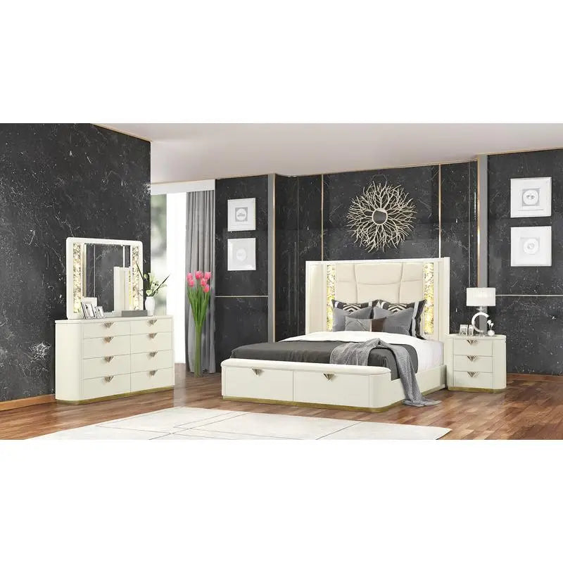 Bedroom Set with Wood Frame and Gold Accents Beige