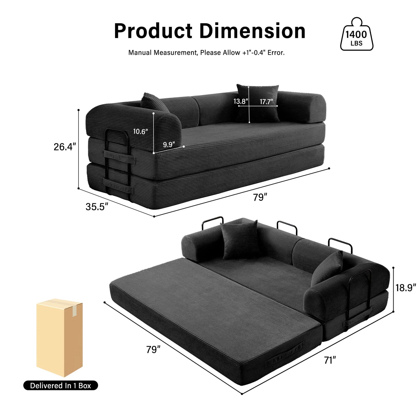Boneless Couch Foldable Convertible Futon Sleeper Sofa Bed