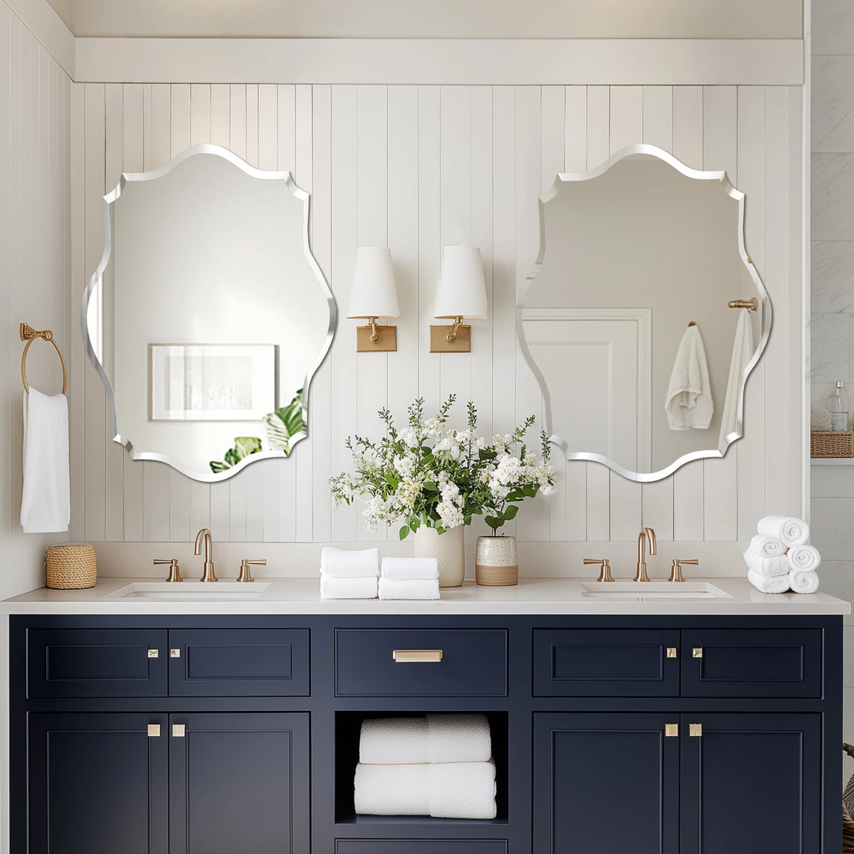 Wall Mirror Scalloped Frameless Beveled Edge Polished Mirror
