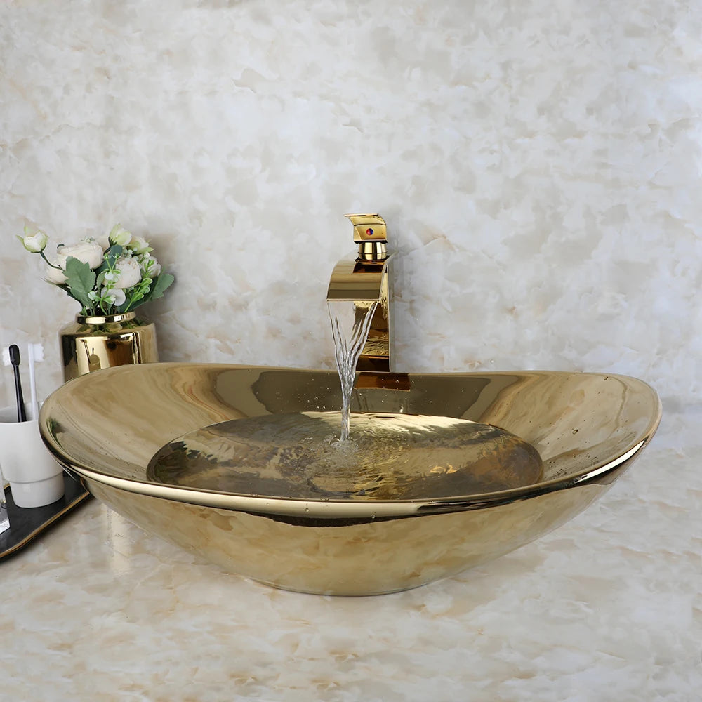 Gold Ceramic Luxury Bathroom Vessel Sink Set