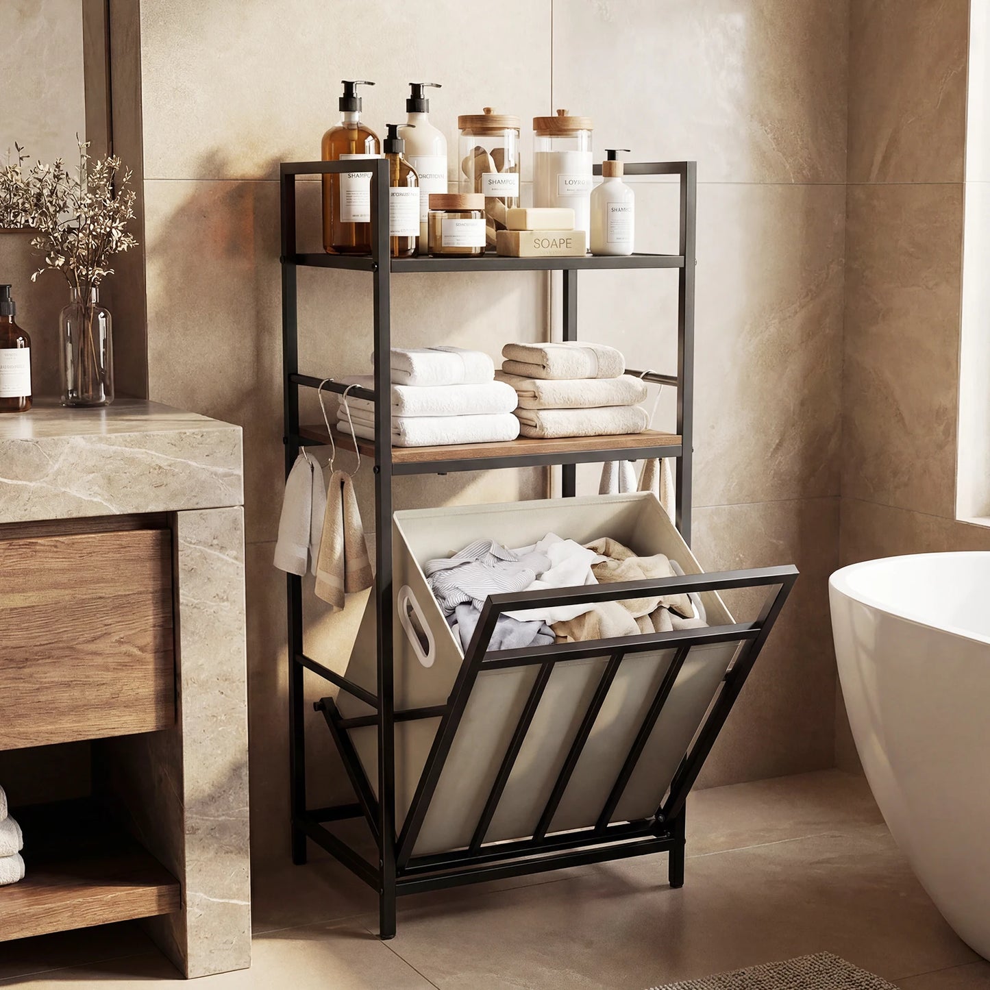 Laundry Hamper w/ Tilt-out Basket w/ 4 Hooks & Removable Bag