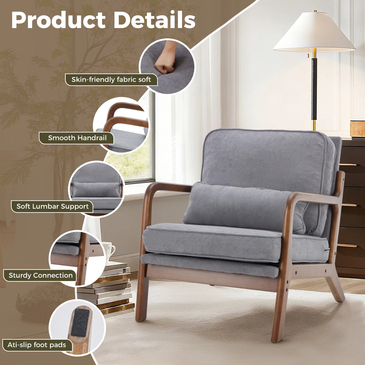 Mid Century Modern Solid Wooden Frame Accent Chair