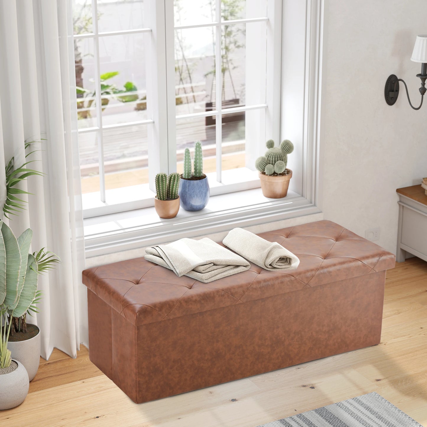 Leather Folding Ottoman Storage Footstool Bench