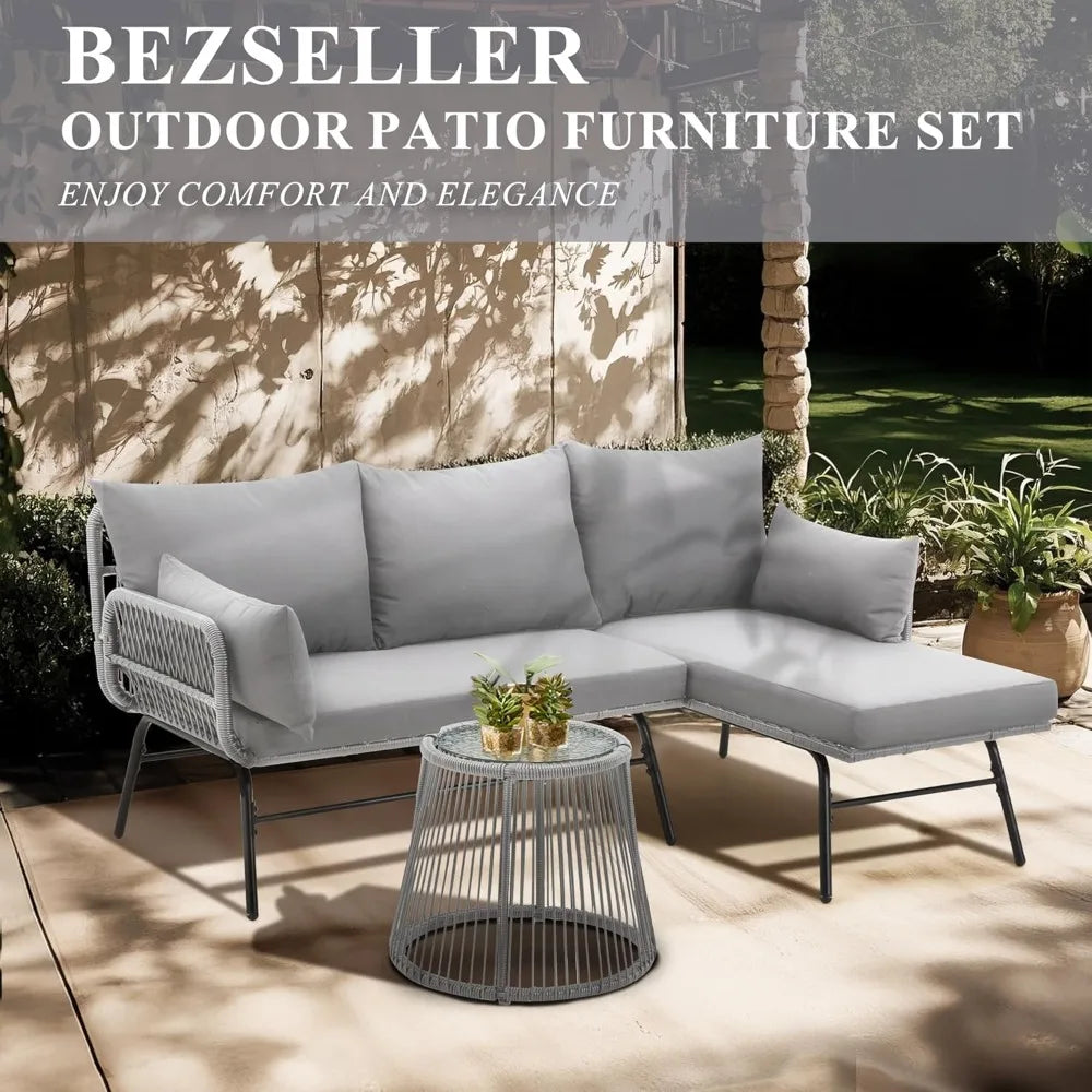 Outdoor Patio Furniture Set with Thick Cushions and Glass Coffee Table
