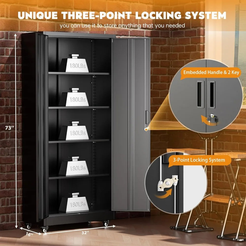 Lockable Rolling Metal Garage Cabinets with 2 Doors and 4 Adjustable Shelves and Wheels
