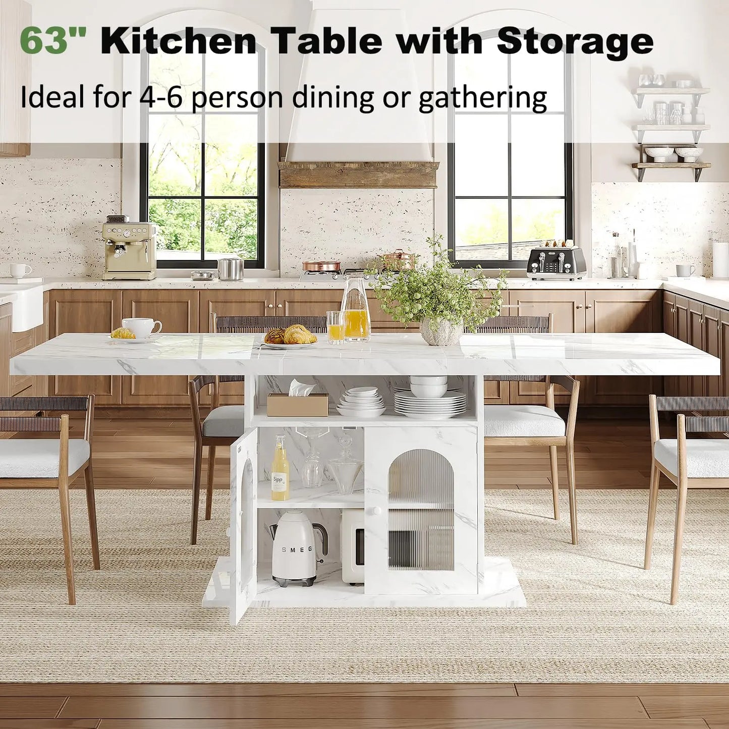 Rectangle Dining Table with Faux Marble Top Storage Shelves Cabinet