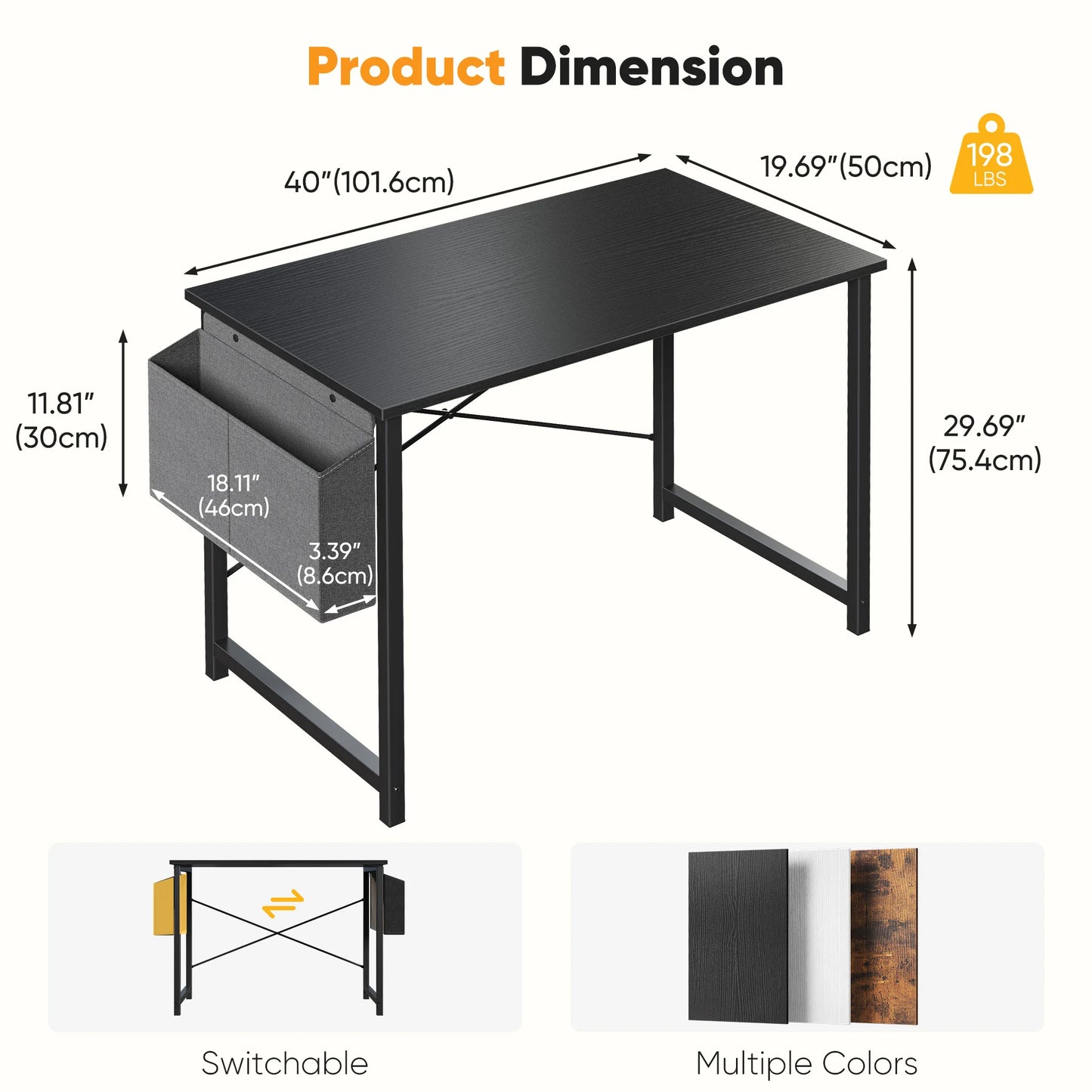 Writing Study Table with Storage Bag Metal Frame