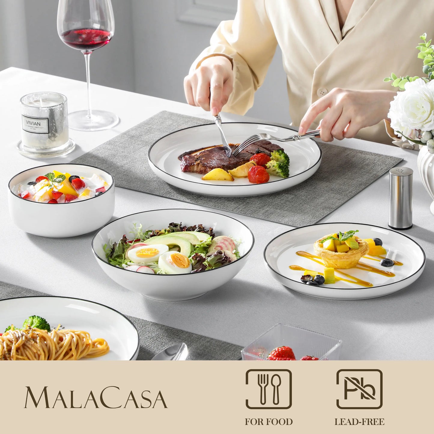 Ceramic Plates Black Rim Porcelain Dinnerware Set
