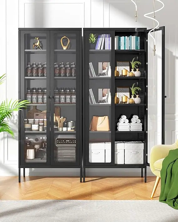 Tall Curio Black Steel Metal Glass Display Cabinet with Doors and Shelves