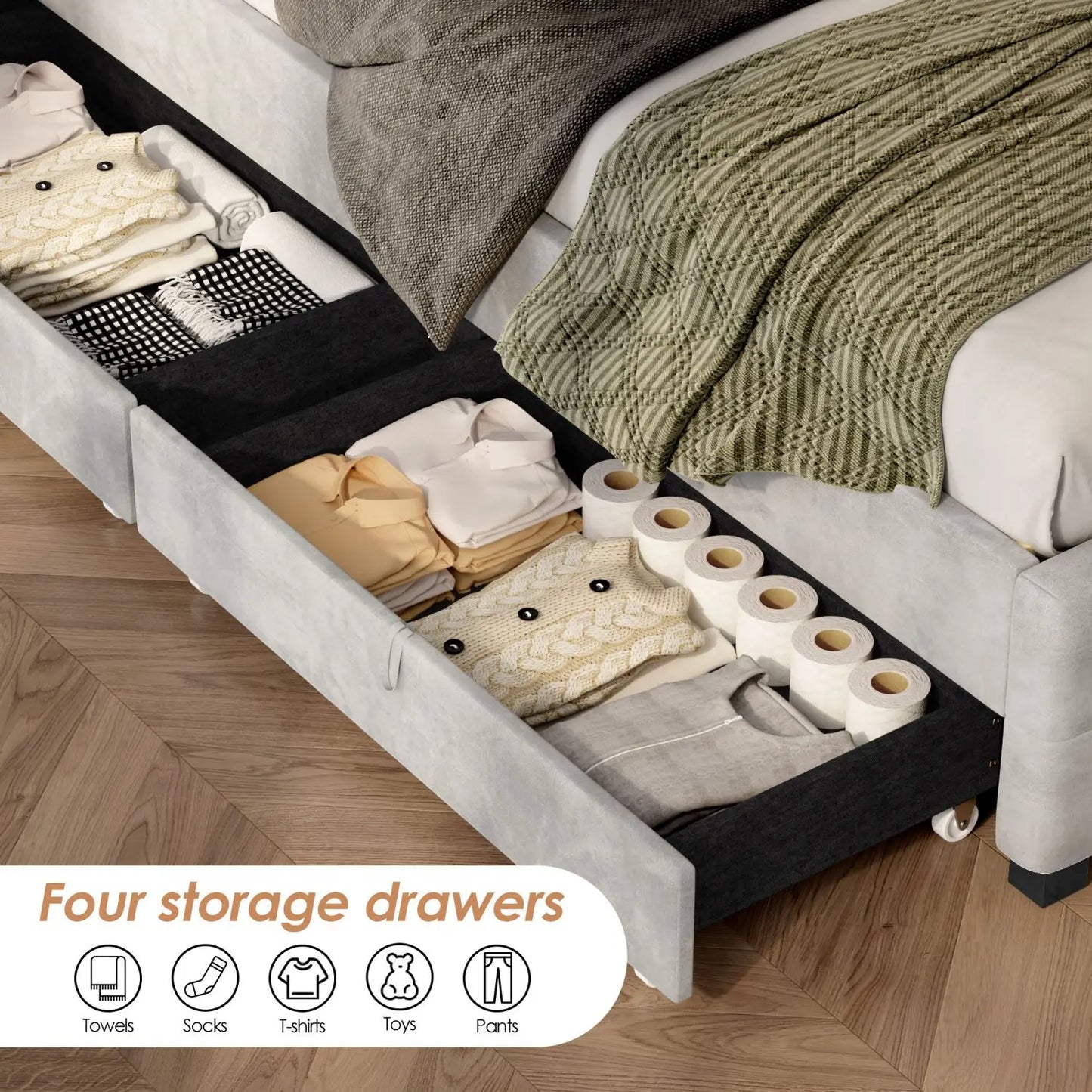 Upholstered Platform Storage Bed Frame with LED Light