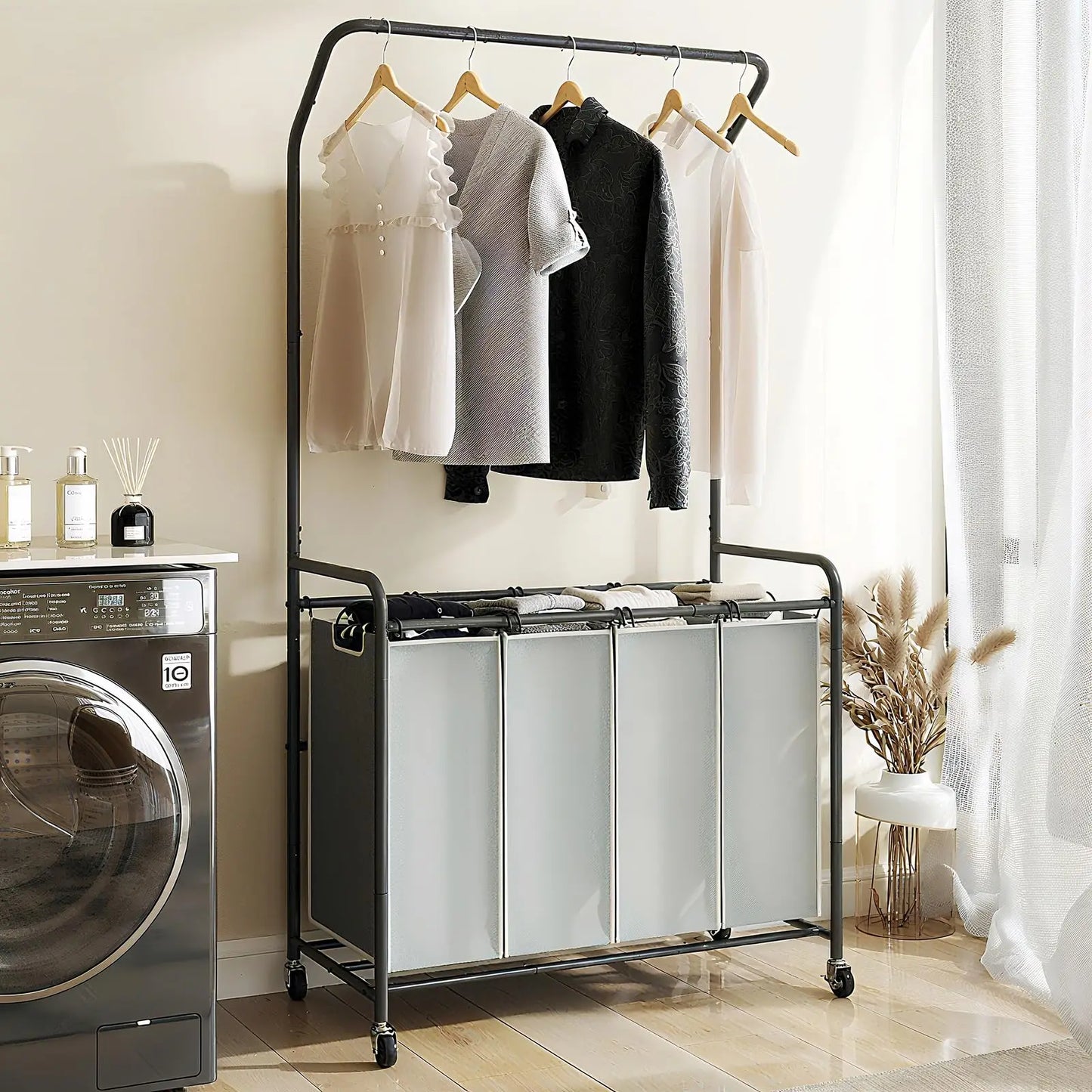 Rolling Laundry Organizer Cart With Locking Casters & Washable Oxford Fabric Bins