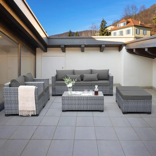 Wicker Patio Furniture Set with Grey Cushions