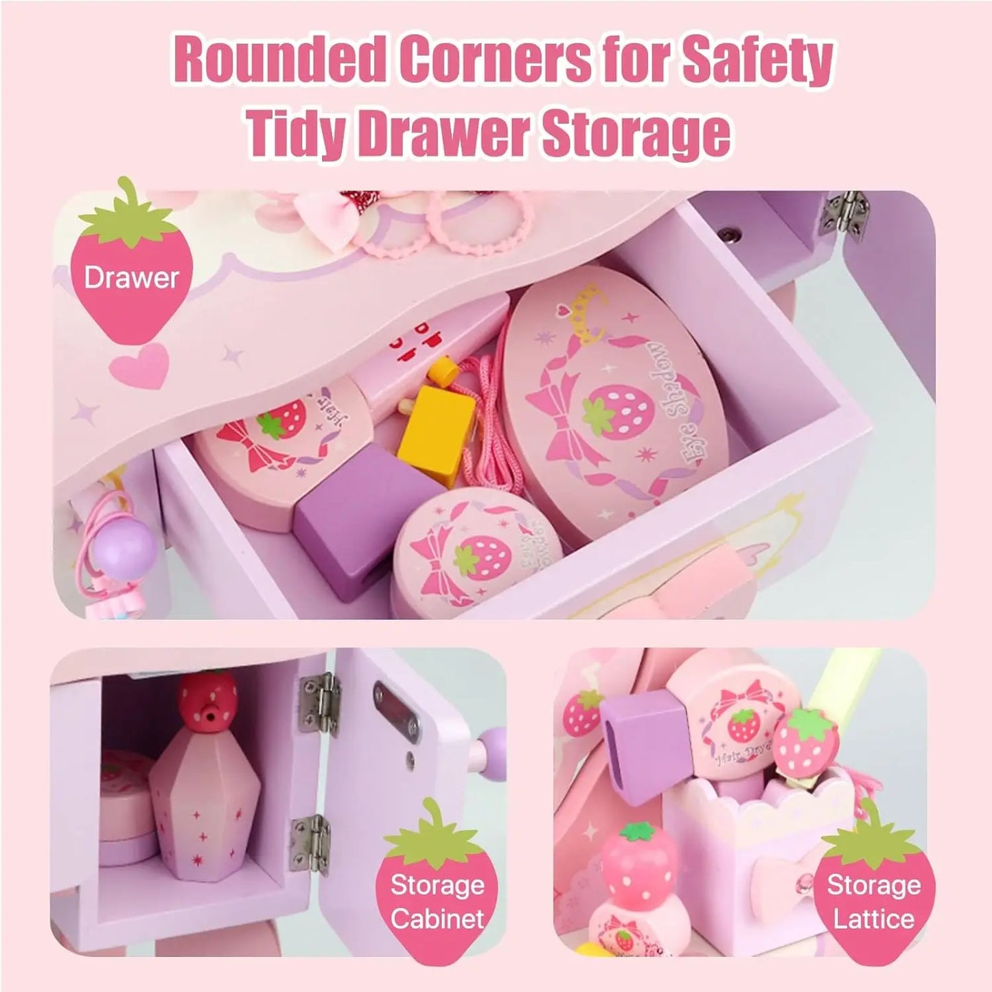 Strawberry Vanity Desk with Drawers and 360° Rotating Mirror