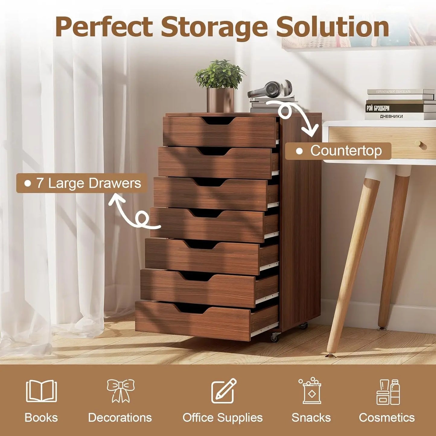 Mobile Storage Cabinet Wooden File Organizer Lockable Wheels