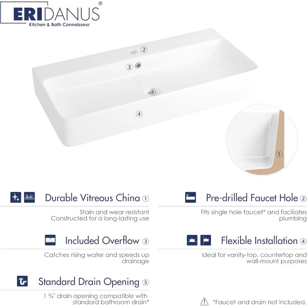 Bathroom Vessel Ceramic Rectangular Sink Above Counter Wall