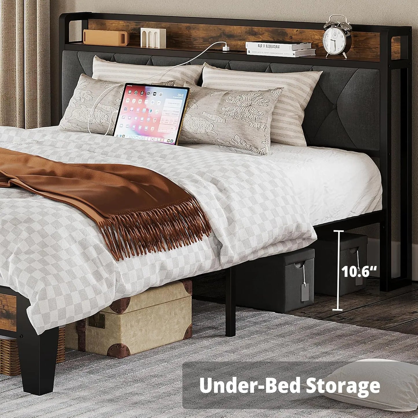 Bed Frames, Storage Headboard with Outlets, No Noise, No Box Springs Needed