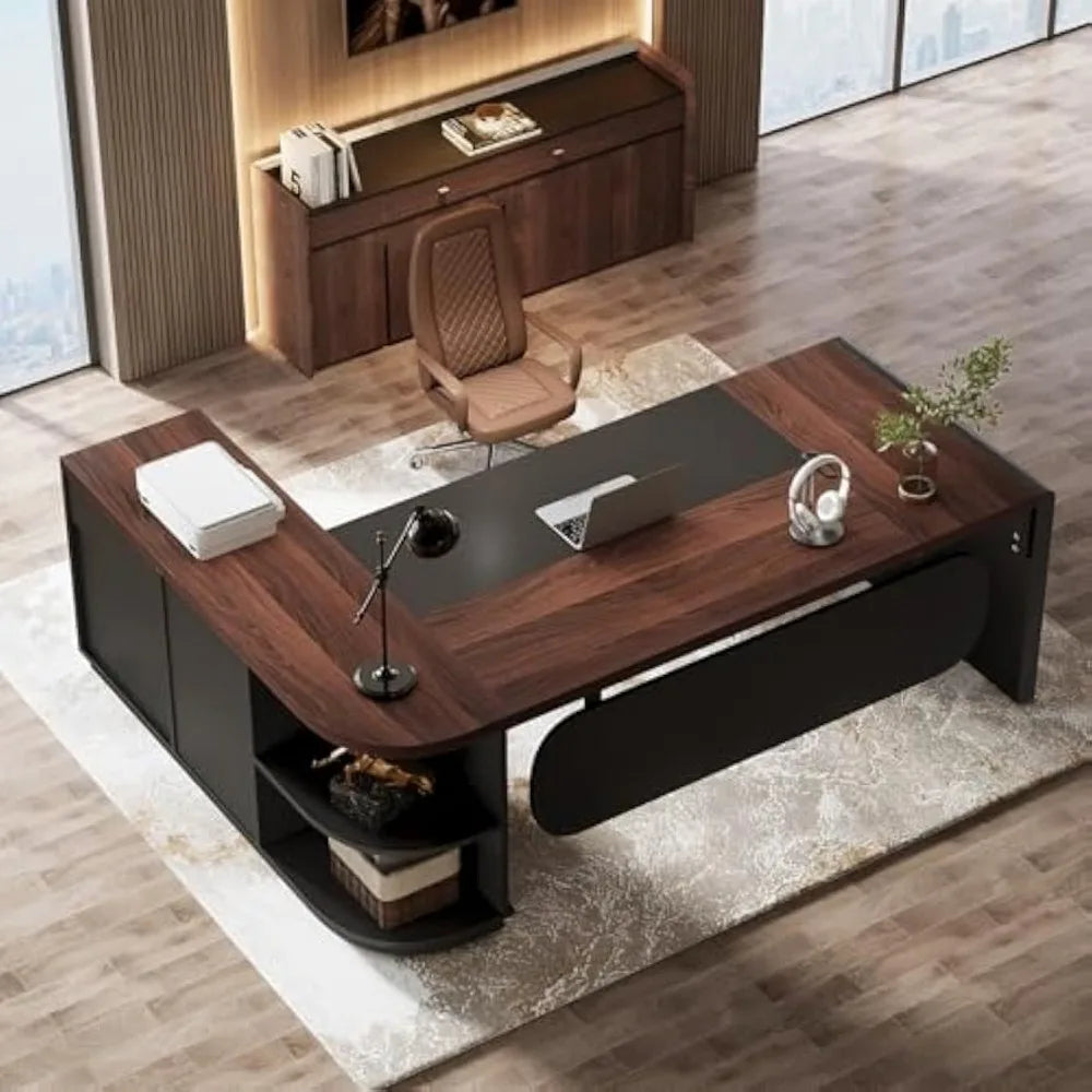 L-Shaped Executive Desk with Cabinet and Storage Shelves