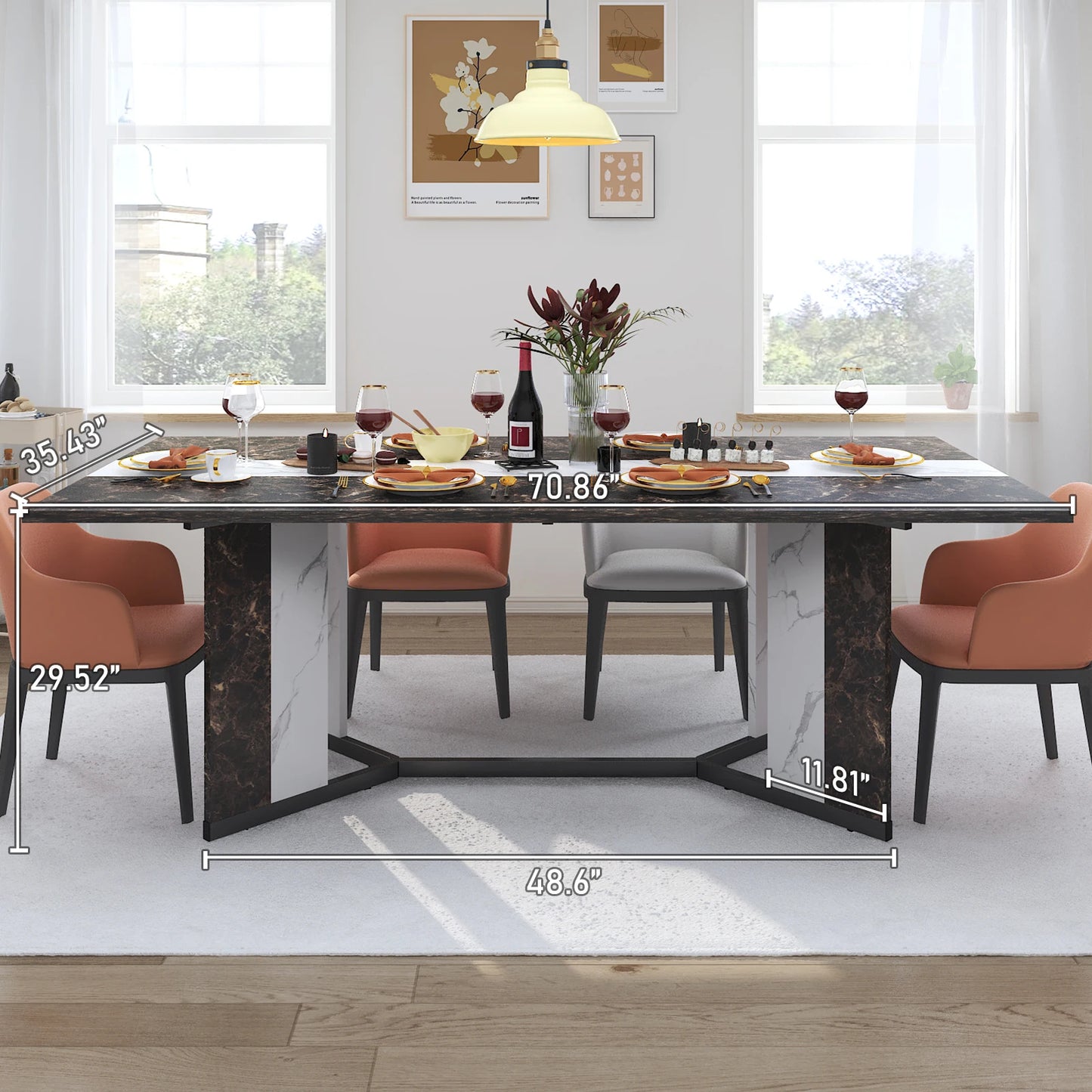 Luxurious Rectangular Dining Table w/Marble Color, Wood Tabletop, Metal Leg