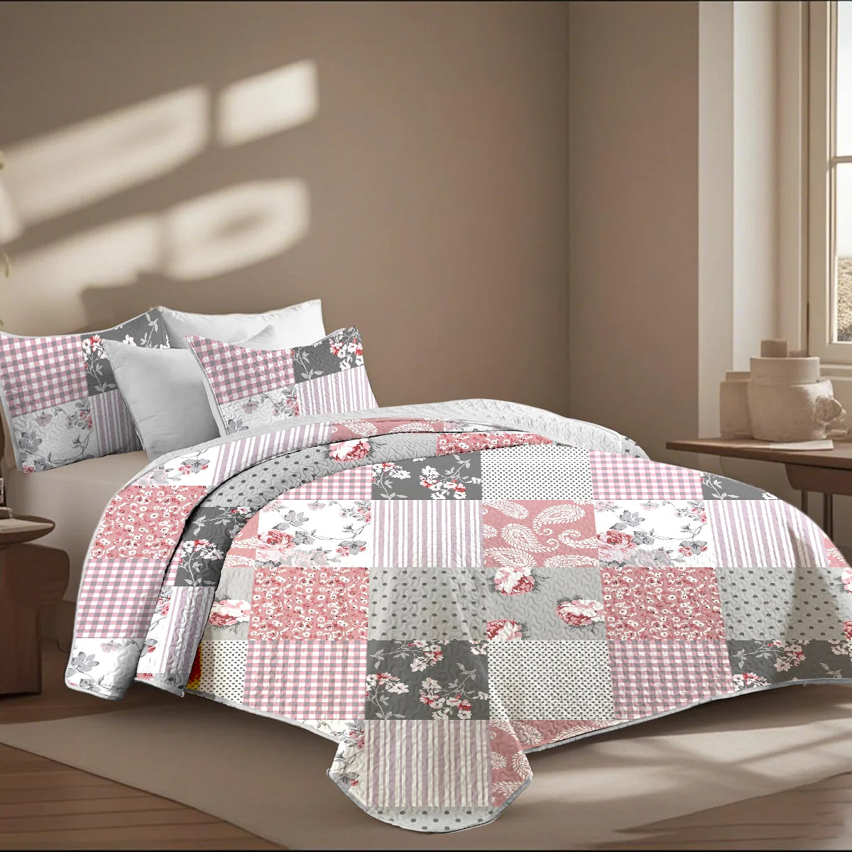 Unique Summer Geometric Grid Printed Quilt Set