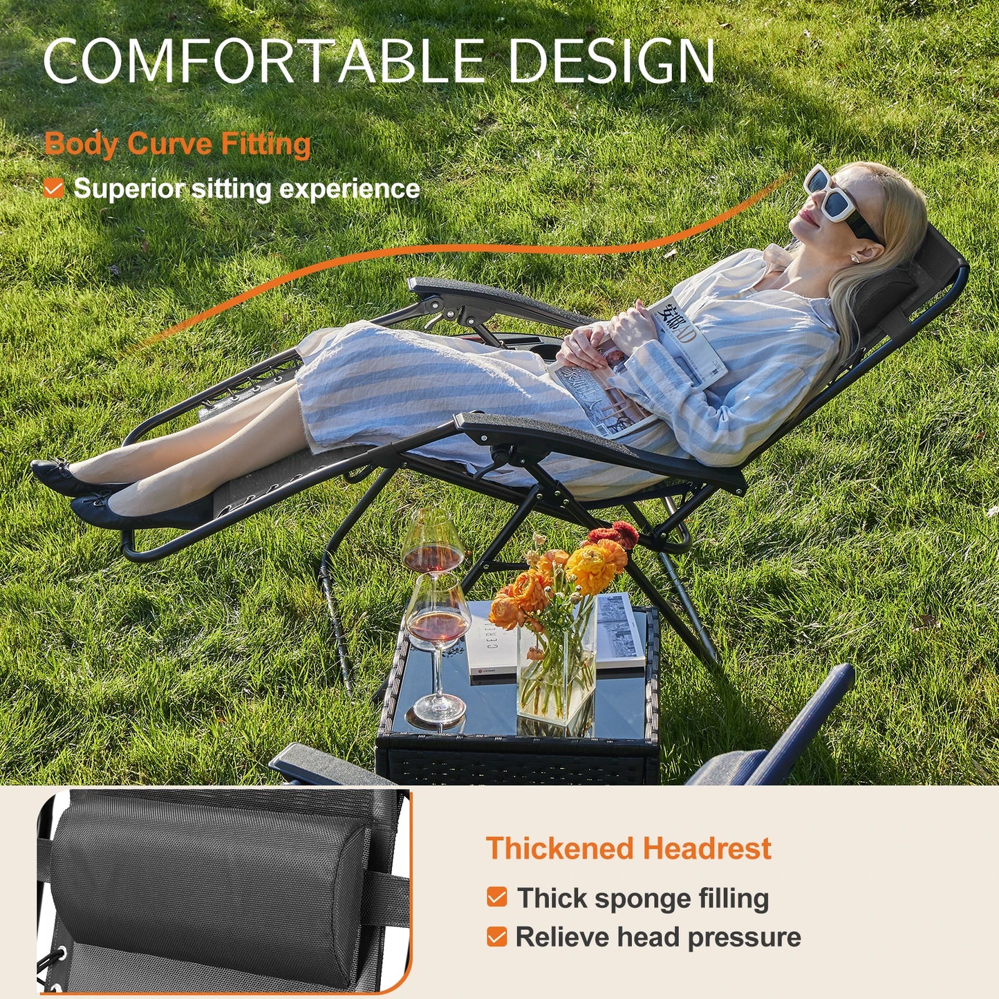 Zero Gravity Set with Cup Holder Trays and Adjustable Pillow