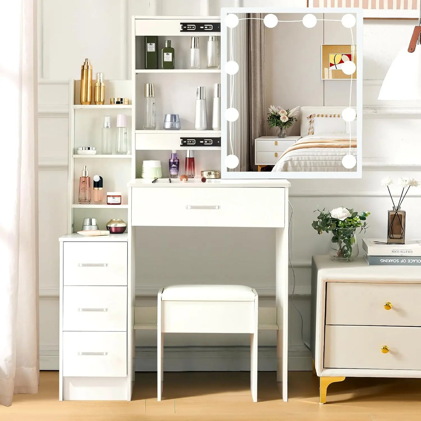 Vanity Desk with LED Mirror Lights, Shelves and Stool