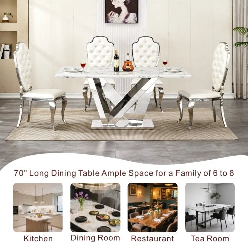 Rectangle Faux Marble Dining Table with Mirrored Finish Stainless Steel Base