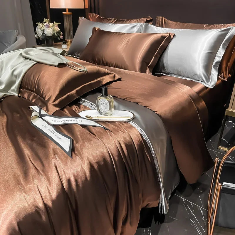 Solid Silk Bedding Set with Duvet Cover Bed Sheet