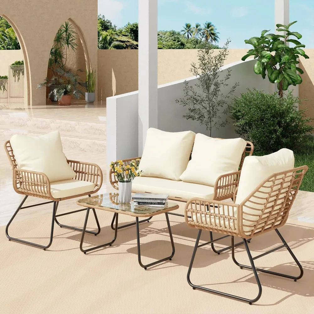 Outdoor Patio Furniture Set with Cushions & Tempered Glass Table