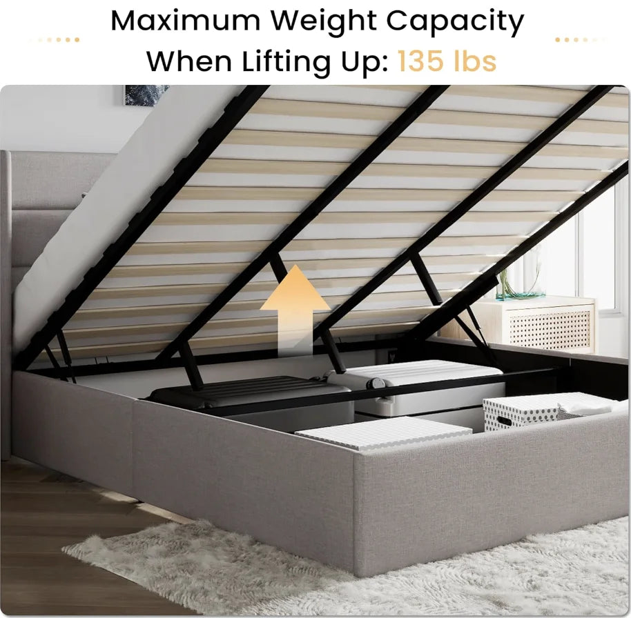 Lift Up Storage Bed/Modern Wing-back Headboard/Upholstered Platform