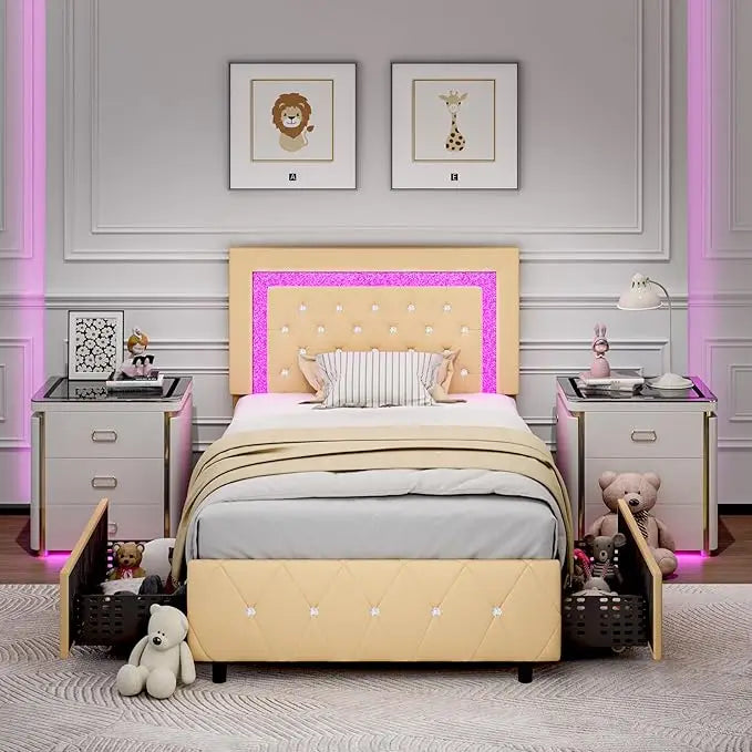 Twin Bed Frame with Storage Drawers & LED Lights