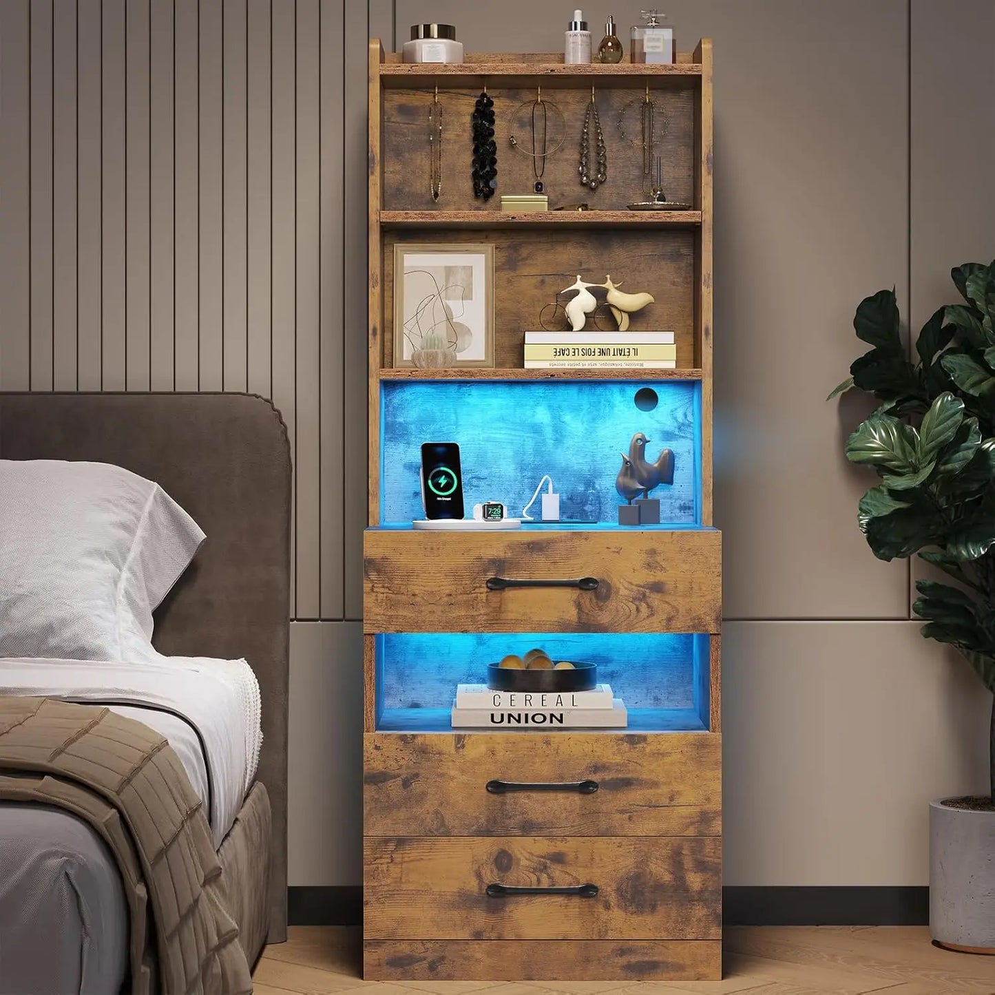 Tall Nightstand with Charging Station and LED Light