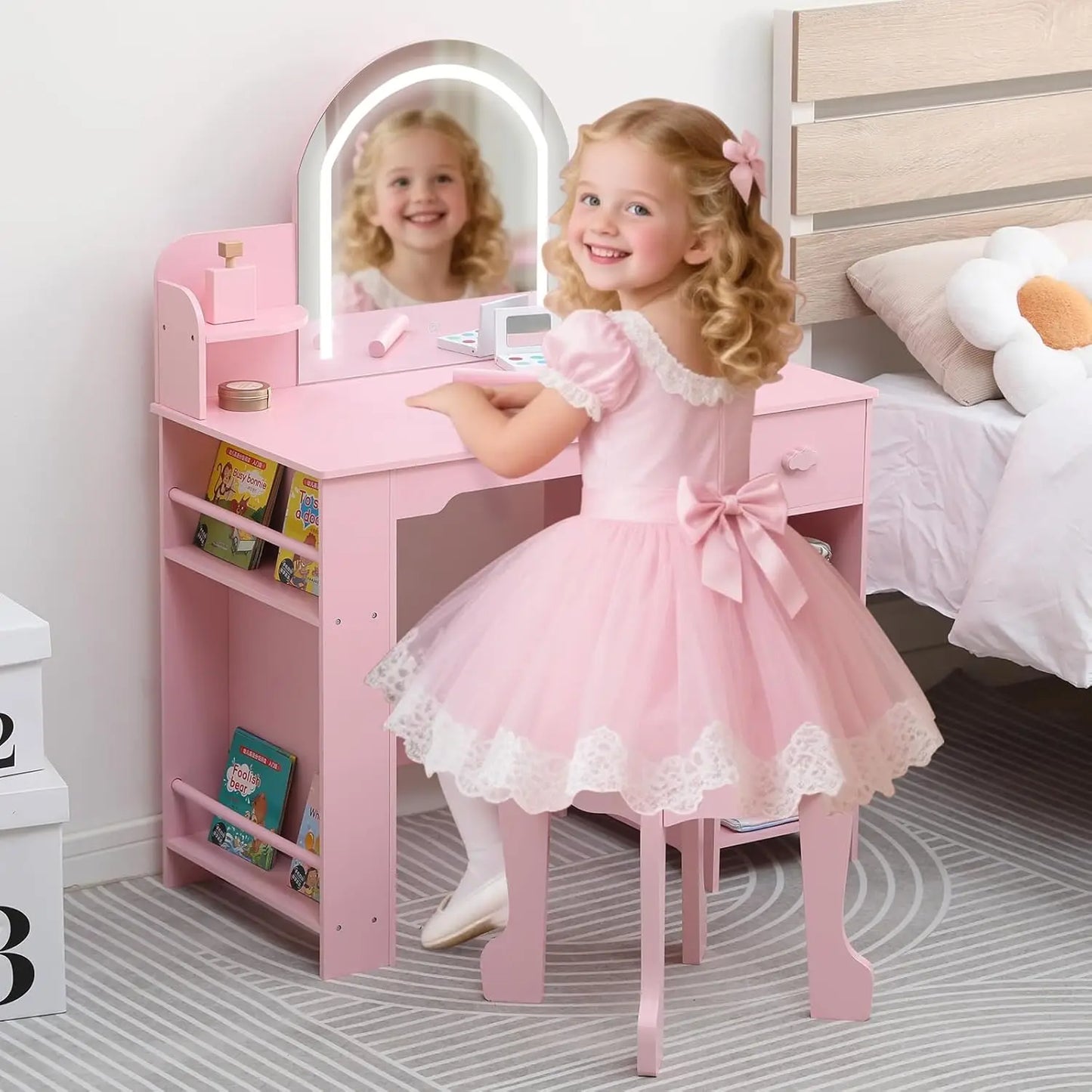 Vanity Table and Chair Set with Storage Shelves & Drawer