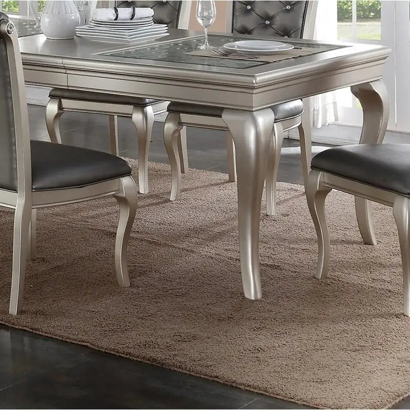 Rect. Glass Dining Table Set w/ Silver Hue & 6 Tufted Side Chairs