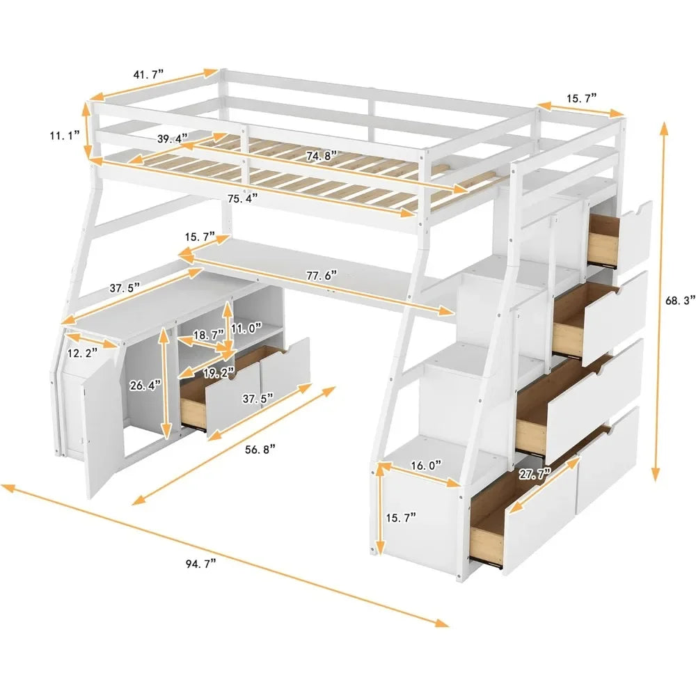 Twin Size Loft Bed with Desk And Storage underneath