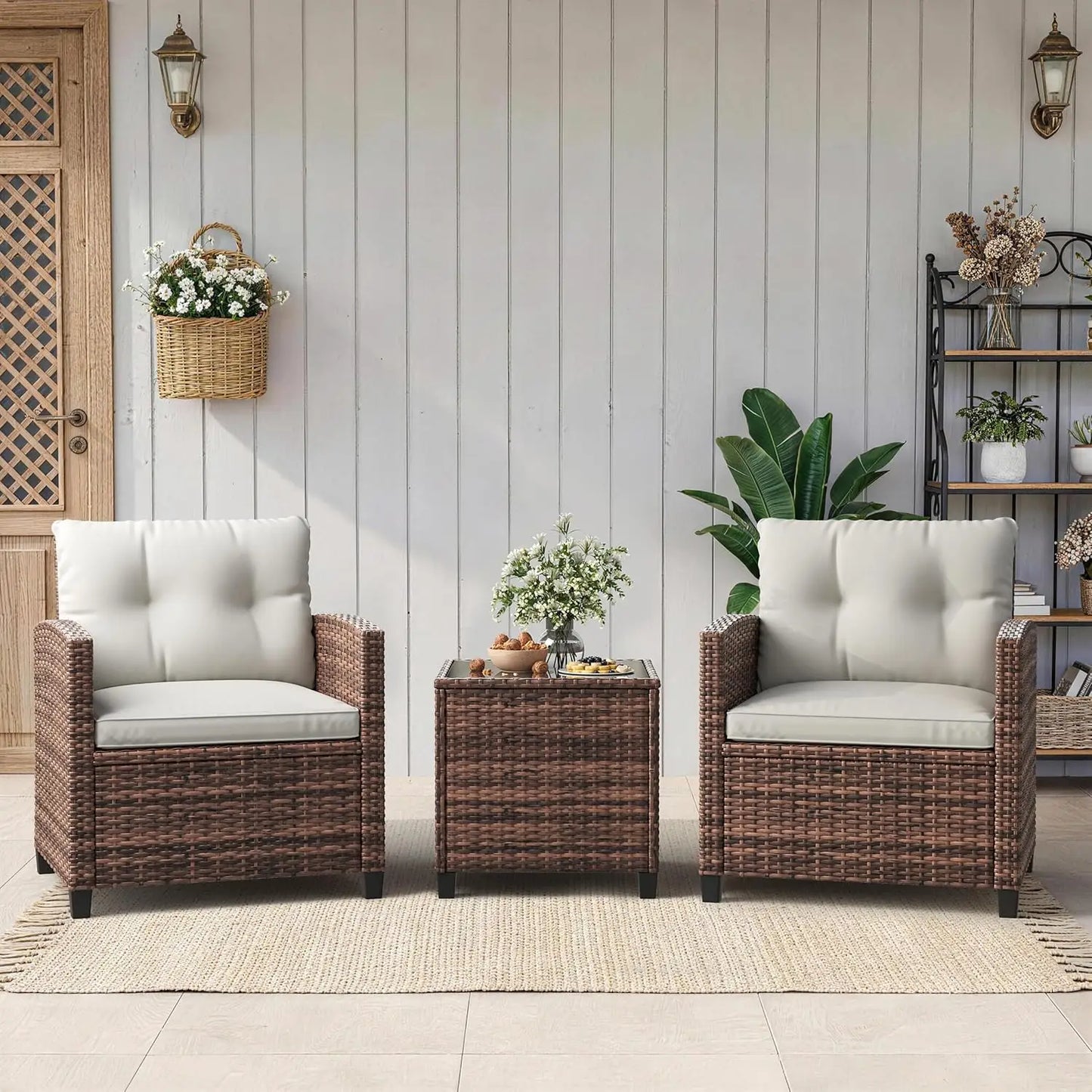 Rattan Patio Furniture Set - Wicker Chairs with Side Table