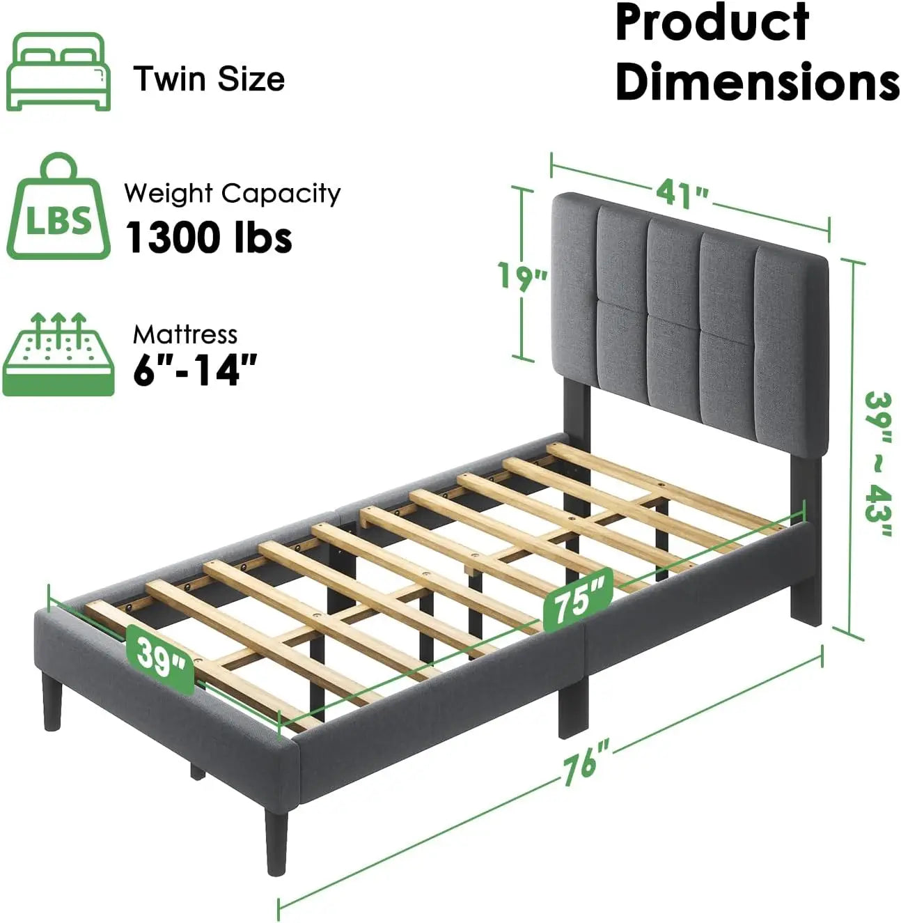 Twin Size Bed Frame with Adjustable Headboard