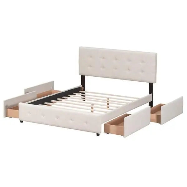 Upholstered Platform Bed/Classic Headboard/4 Drawers/No Box Spring Needed
