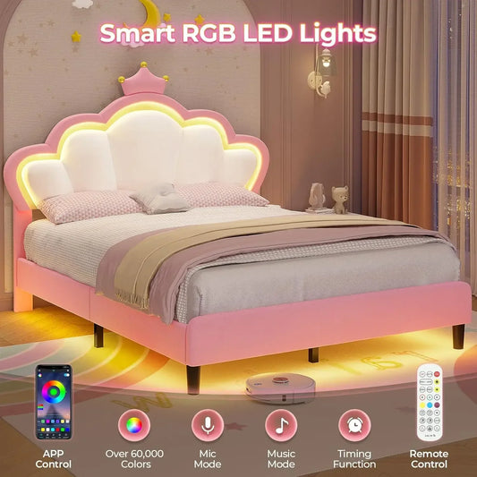 Princess Bed Frame with LED Lights and Adjustable Chic Double Shell Headboard