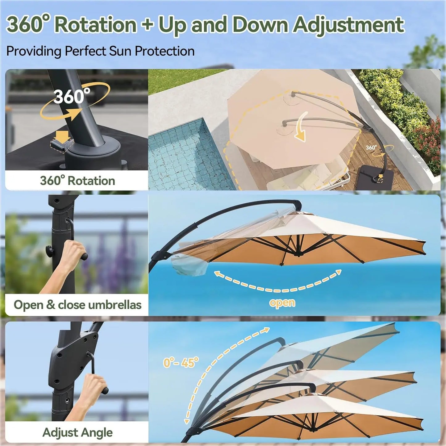Large Patio Aluminum Offset Umbrella Windproof with 360° Rotation