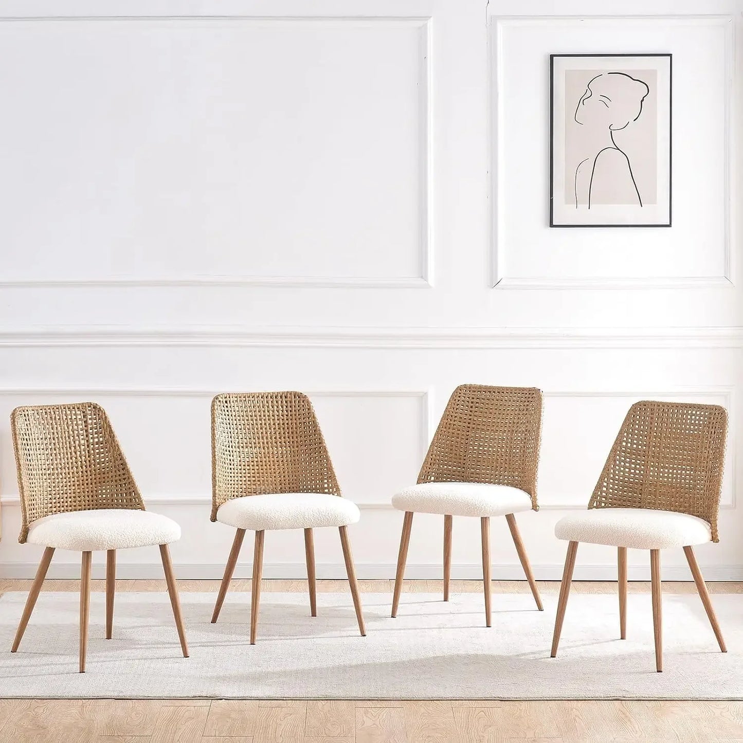 Boucle Upholstered Rattan Dining Chairs with PE Cane Back