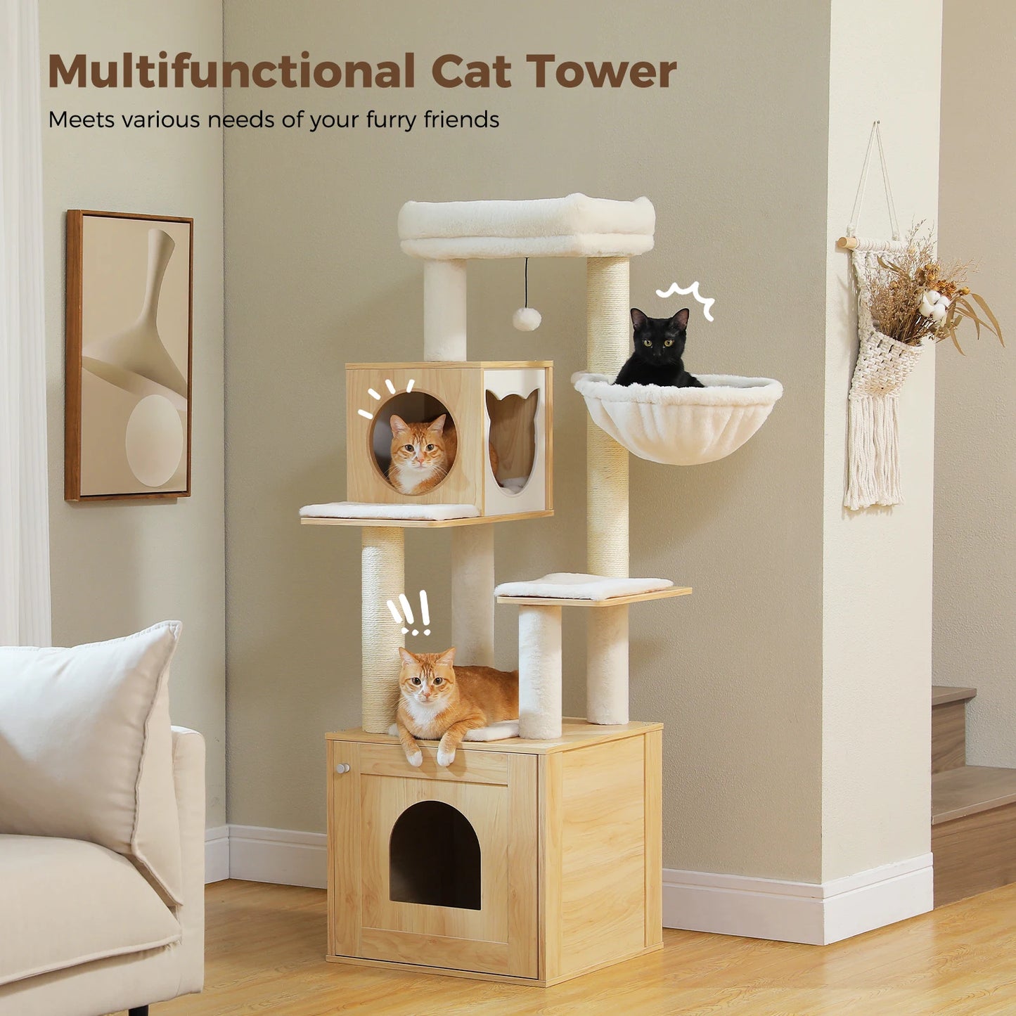 Cat Tree Tower Litter Box Wood Structure Storage with Hammock