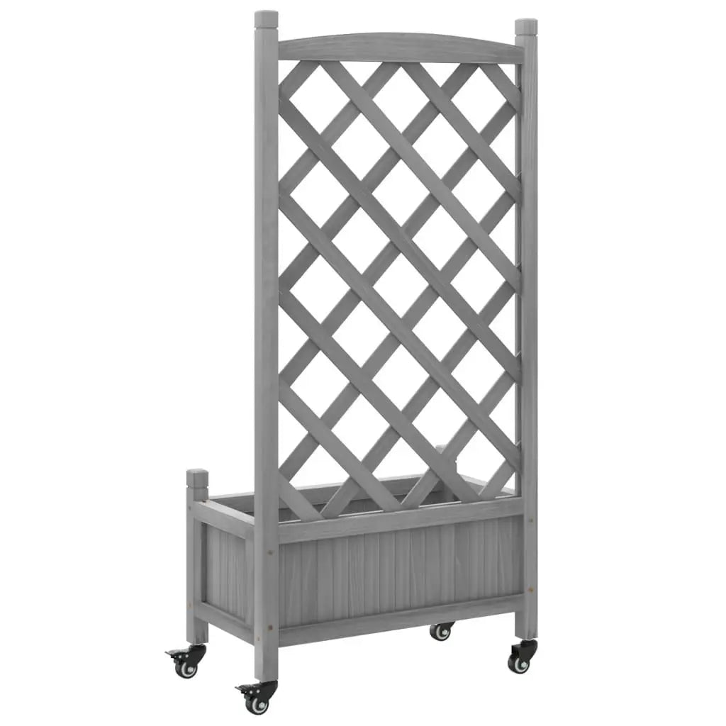 Gray Solid Wood Fir Planter with Trellis and Wheels