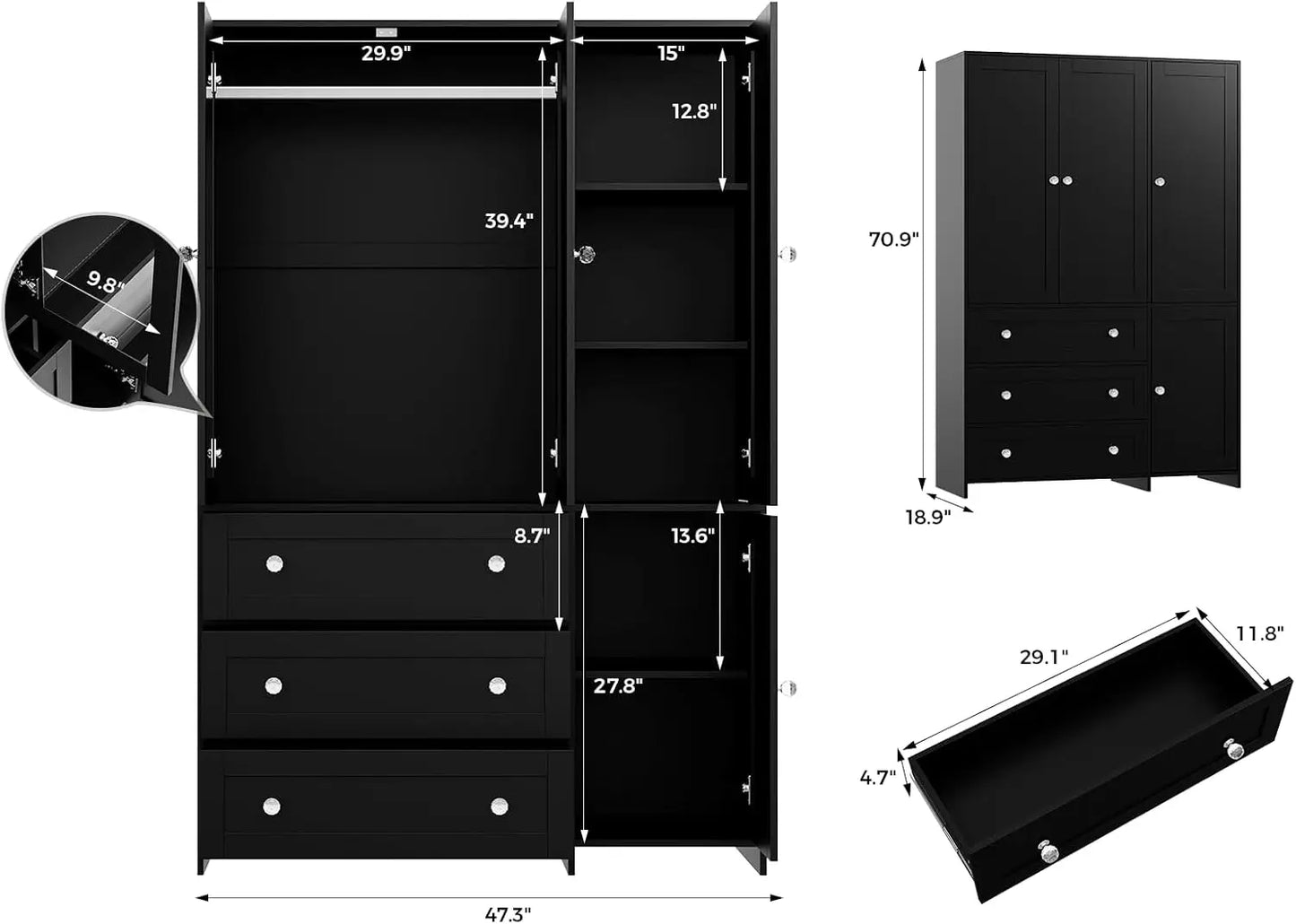 Armoire Wardrobe Closet Storage Cabinet with Hanging Rod