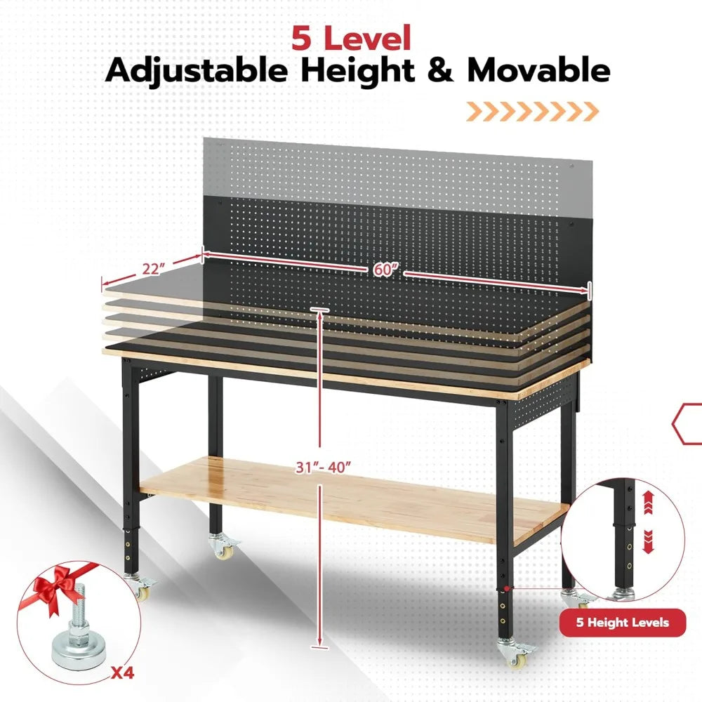 Heavy Duty Adjustable Workstation with USB Power Outlets/Wheels