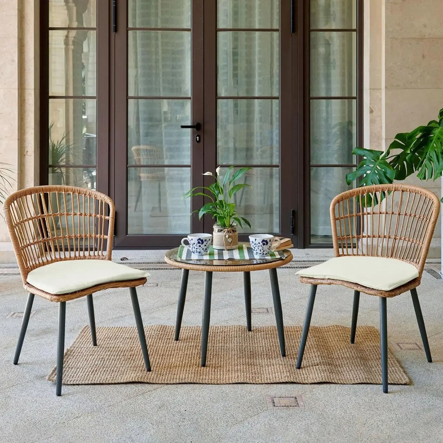 Patio Conversation Set w/2 Large Rattan Chairs and Tempered Glass Table